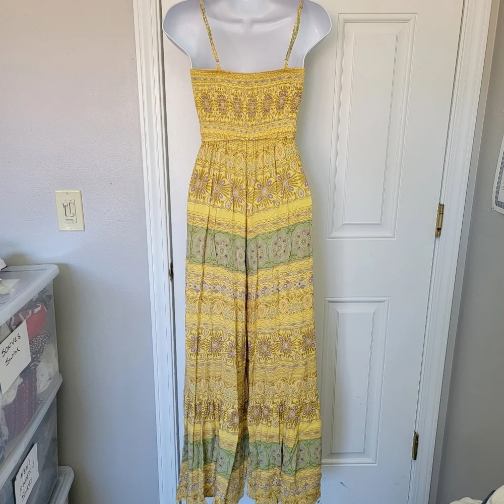 Forever 21 Yellow Green Printed Wide Leg Sleeveless Ruched Top Jumpsuit Size S